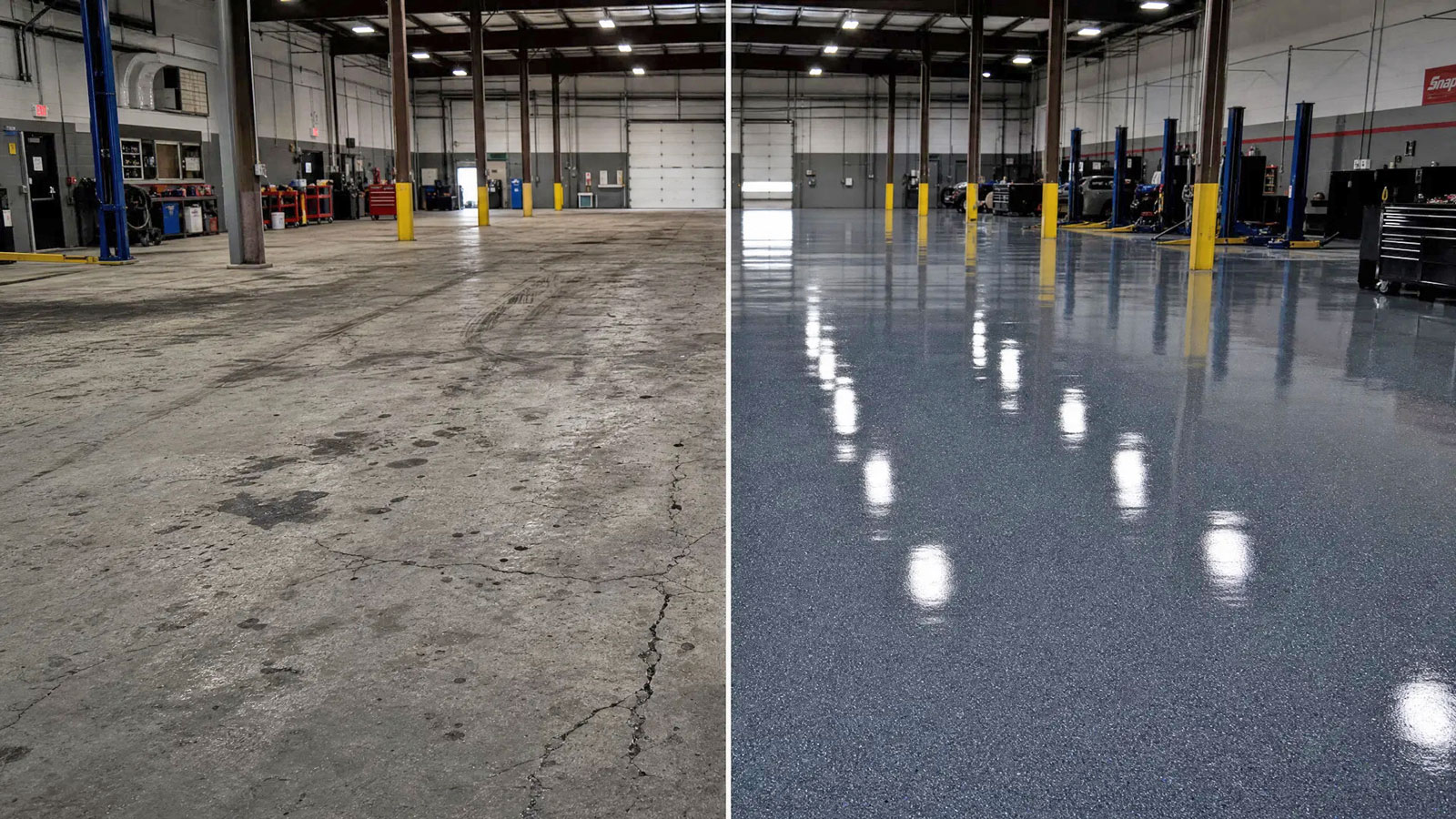 Commercial floor coating before and after — auto shop in Middleton WI